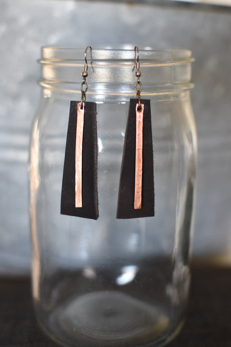 Leather Trapezoid with Hand Pounded Copper Strip Earrings